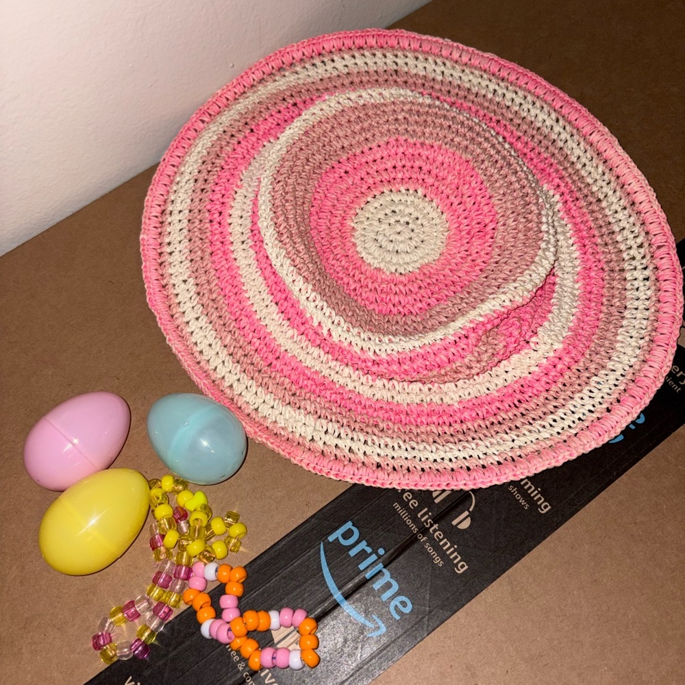 Gymboree Pink & Cream Striped Crochet Kids Hat with eggs for Easter!